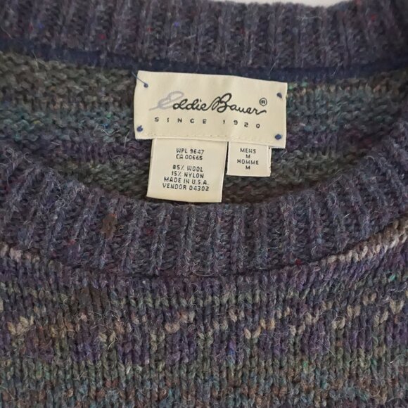 Vintage Eddie Bauer Wool Sweater Blue Green Brown Fair Isle Knit 90s Crewneck M - Picture 9 of 11